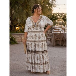 Me 2 Magic Bohemian Gold Ivory Brown Sequin Tassel Maxi Dress 3X
